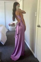 Halter V-Neck Prom Dress Pleated Satin Sleeveless Long Prom Party Dress