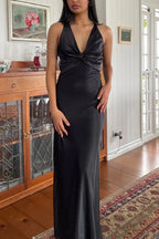 Halter V-Neck Prom Dress Pleated Satin Sleeveless Long Prom Party Dress