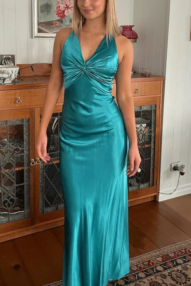 Halter V-Neck Prom Dress Pleated Satin Sleeveless Long Prom Party Dress