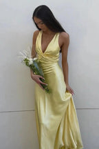 Halter V-Neck Prom Dress Pleated Satin Sleeveless Long Prom Party Dress