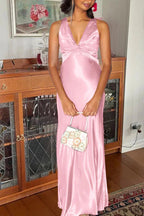 Halter V-Neck Prom Dress Pleated Satin Sleeveless Long Prom Party Dress