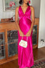 Halter V-Neck Prom Dress Pleated Satin Sleeveless Long Prom Party Dress