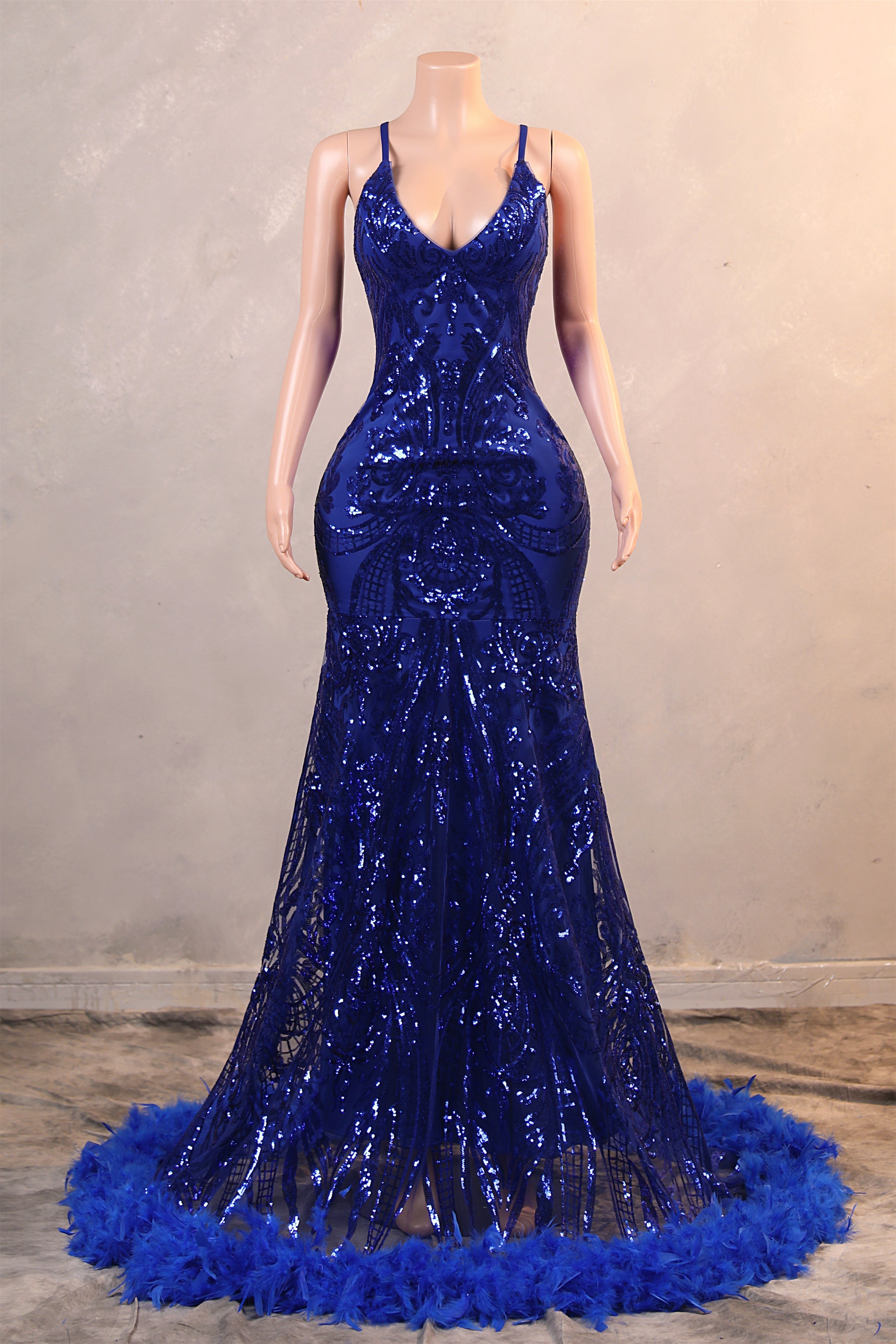 Halter V-Neck Royal Blue Sequin Sparkle Feathers Prom Dresses