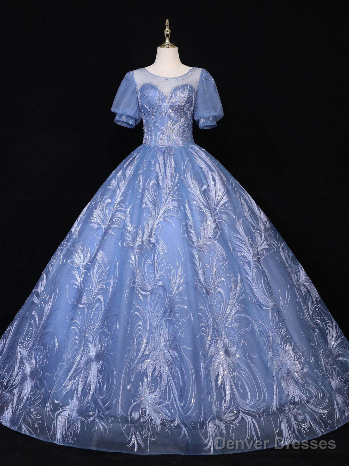 Haze Blue Tulle Sequins Puff Sleeve Quinceanera Dress Main image