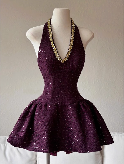 Heavy Diamond Purple Sequined Halter Neck A-Line 19Th Birthday Homecoming Dress Main image
