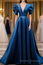 Blue V Neck Satin Short Sleeves Long Prom Dress Blue Satin Evening Dress