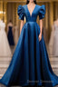 Blue V Neck Satin Short Sleeves Long Prom Dress Blue Satin Evening Dress