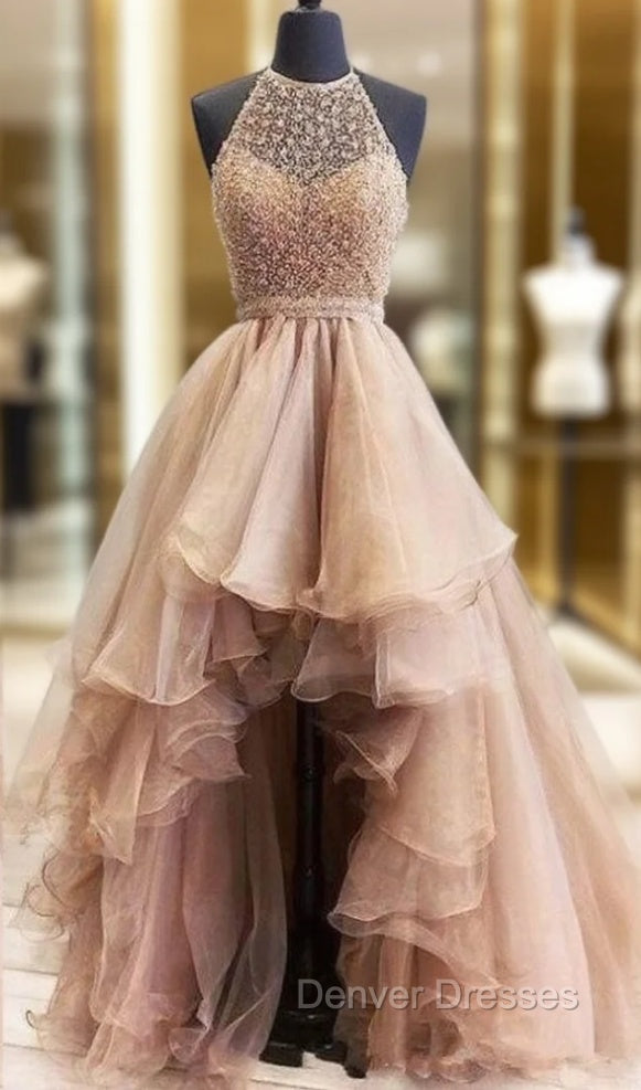 Hi Low Robe De Soiree Ball Gown High Collar Organza Lace Pearls Sexy Long Prom Dress Prom Gown Evening Dress