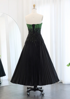 High-End Black And Green Color-Block A-Line Strapless Sequin Satin Long Prom Dress Evening Dress