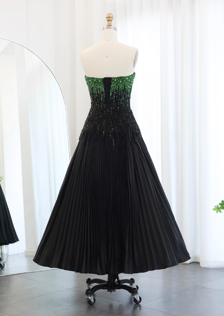 High-End Black And Green Color-Block A-Line Strapless Sequin Satin Long Prom Dress Evening Dress