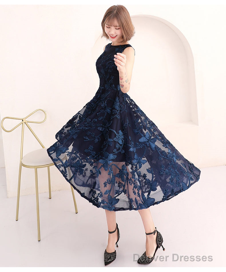 High Low Navy Blue Lace Bridesmaid Dress, Round Neckline Party Dress Secondary image