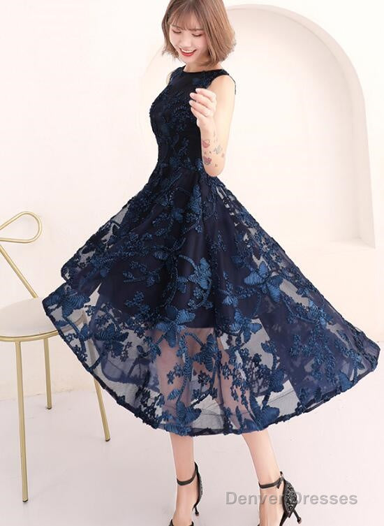 High Low Navy Blue Lace Bridesmaid Dress, Round Neckline Party Dress Main image
