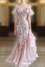 High Low Off The Shoulder Tulle Pink Tiered Prom Dress Evening Dress