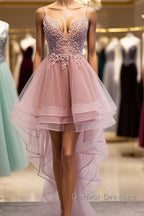 High Low Pink Lace Prom Dress, Pink High Low Formal Graduation Homecoming Dress