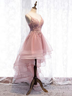High Low Pink Lace Prom Dress, Pink High Low Formal Graduation Homecoming Dress