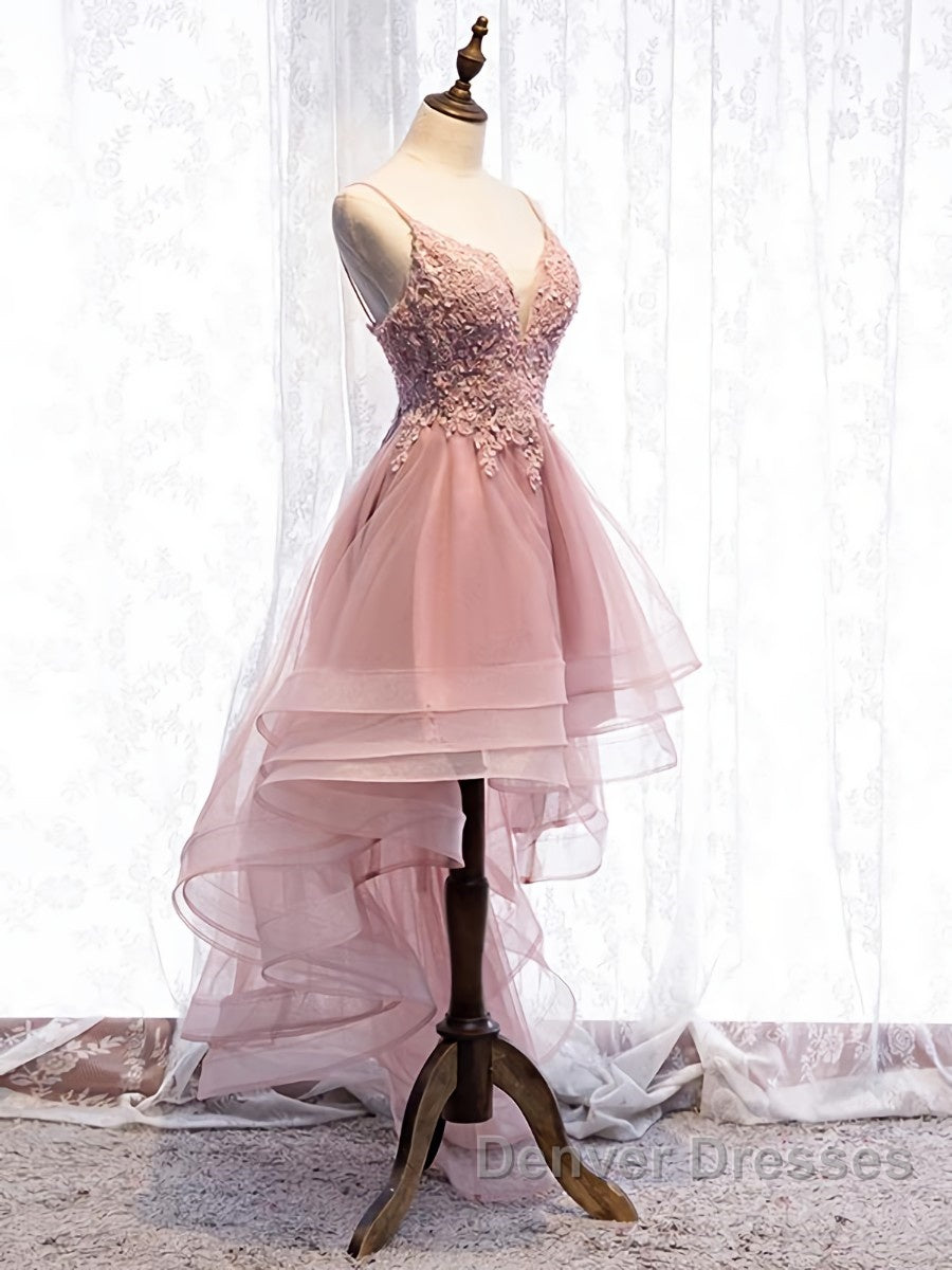 High Low Pink Lace Prom Dress, Pink High Low Formal Graduation Homecoming Dress