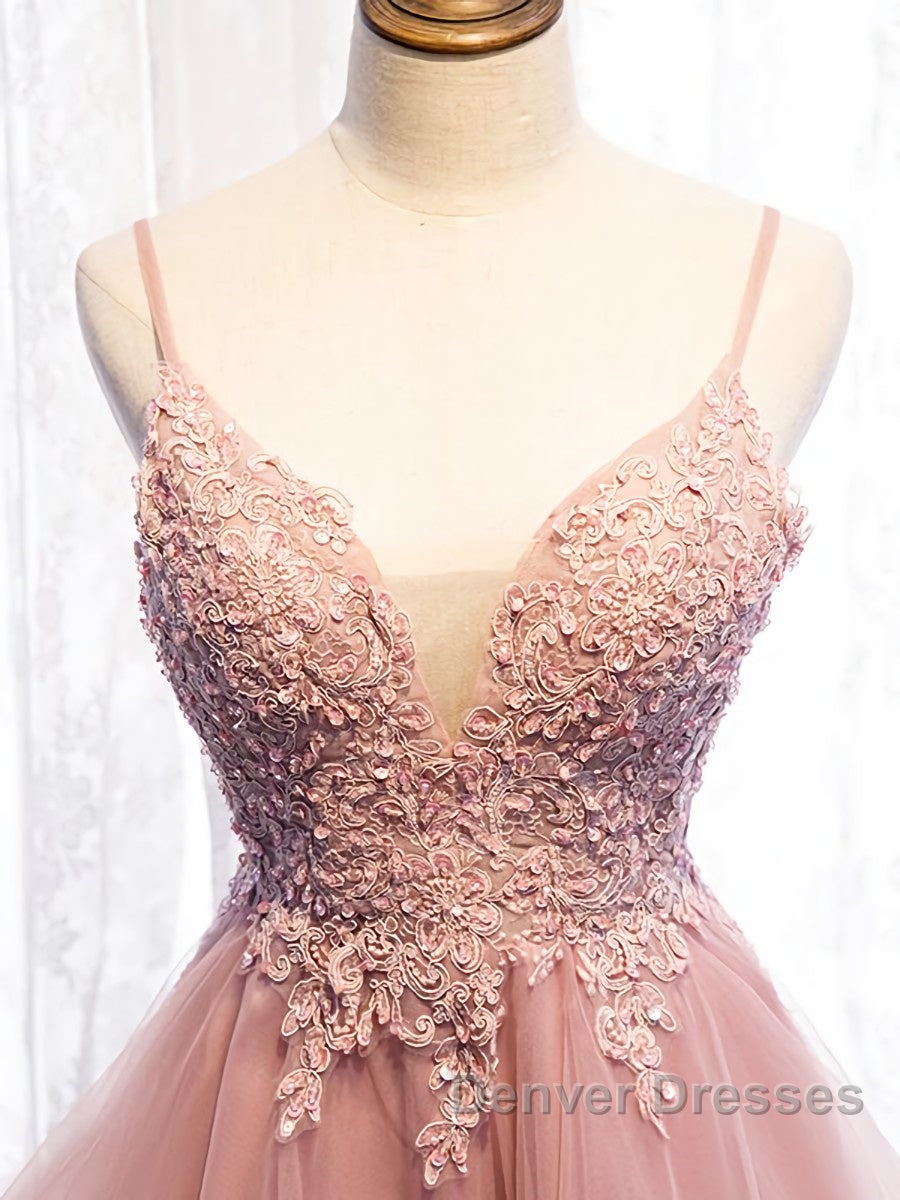 High Low Pink Lace Prom Dress, Pink High Low Formal Graduation Homecoming Dress