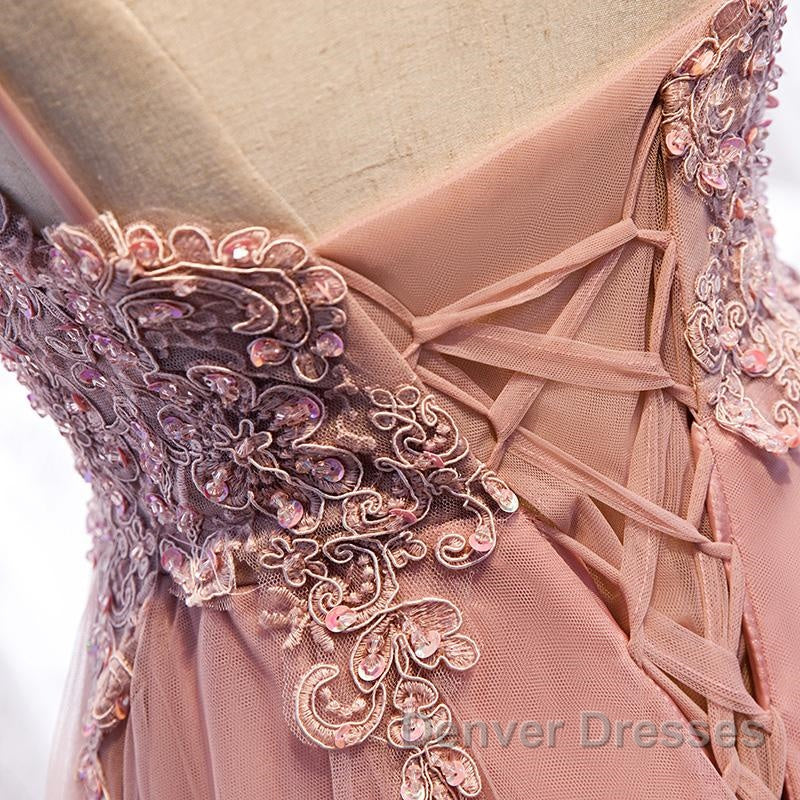 High Low Pink Lace Prom Dress, Pink High Low Formal Graduation Homecoming Dress