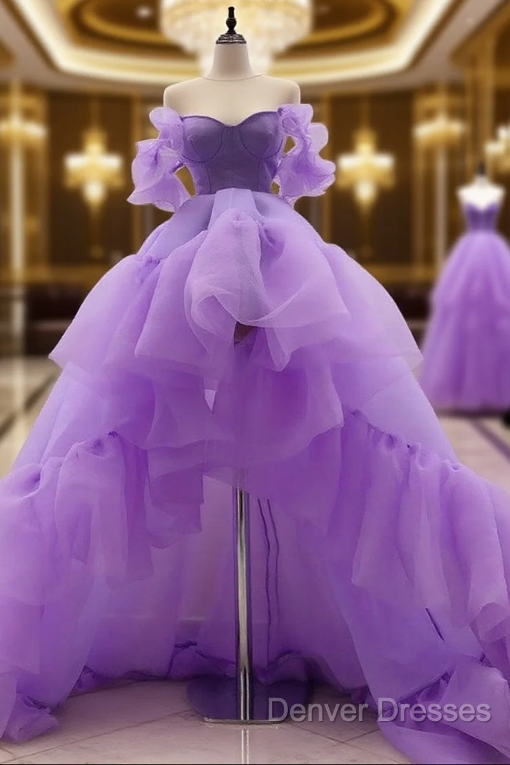 High Low Puffy Sleeves Tulle Purple Prom Dress