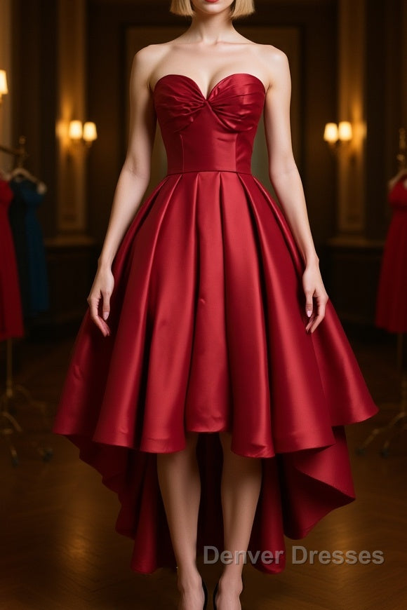 High Low Sweetheart Neck Strapless Backless Satin Red Prom Dress, Red Graduation Dress, Red Backless Formal Evening Dress Main image