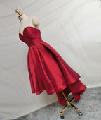 High Low Sweetheart Neck Strapless Backless Satin Red Prom Dress, Red Graduation Dress, Red Backless Formal Evening Dress