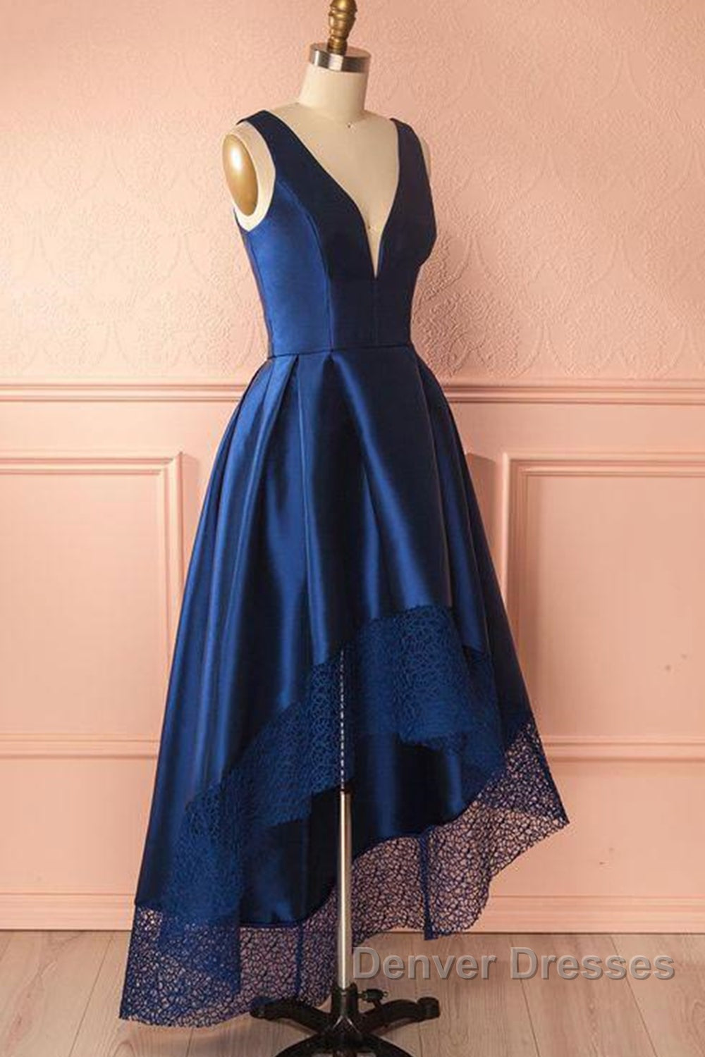 High Low V Neck Blue Satin Prom Dress, Open Back Blue Formal Dress, Blue Evening Dress