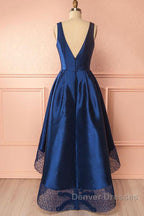 High Low V Neck Blue Satin Prom Dress, Open Back Blue Formal Dress, Blue Evening Dress