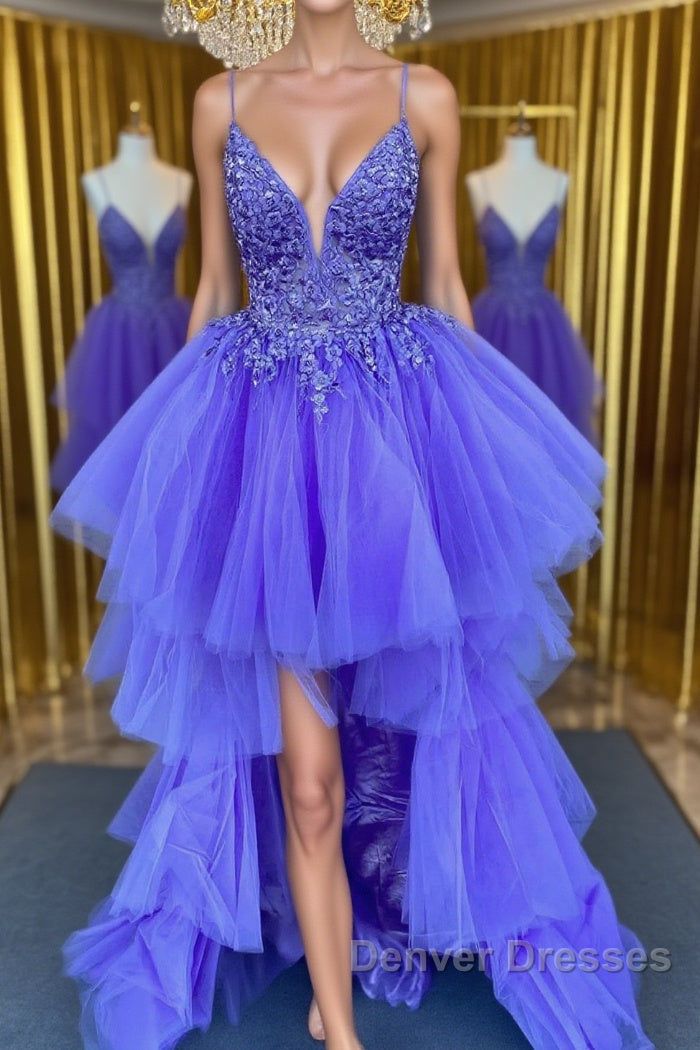 High Low V Neck Purple Lace Long Prom Dress, Lilac Lace Formal Dress, Purple Evening Dress Main image