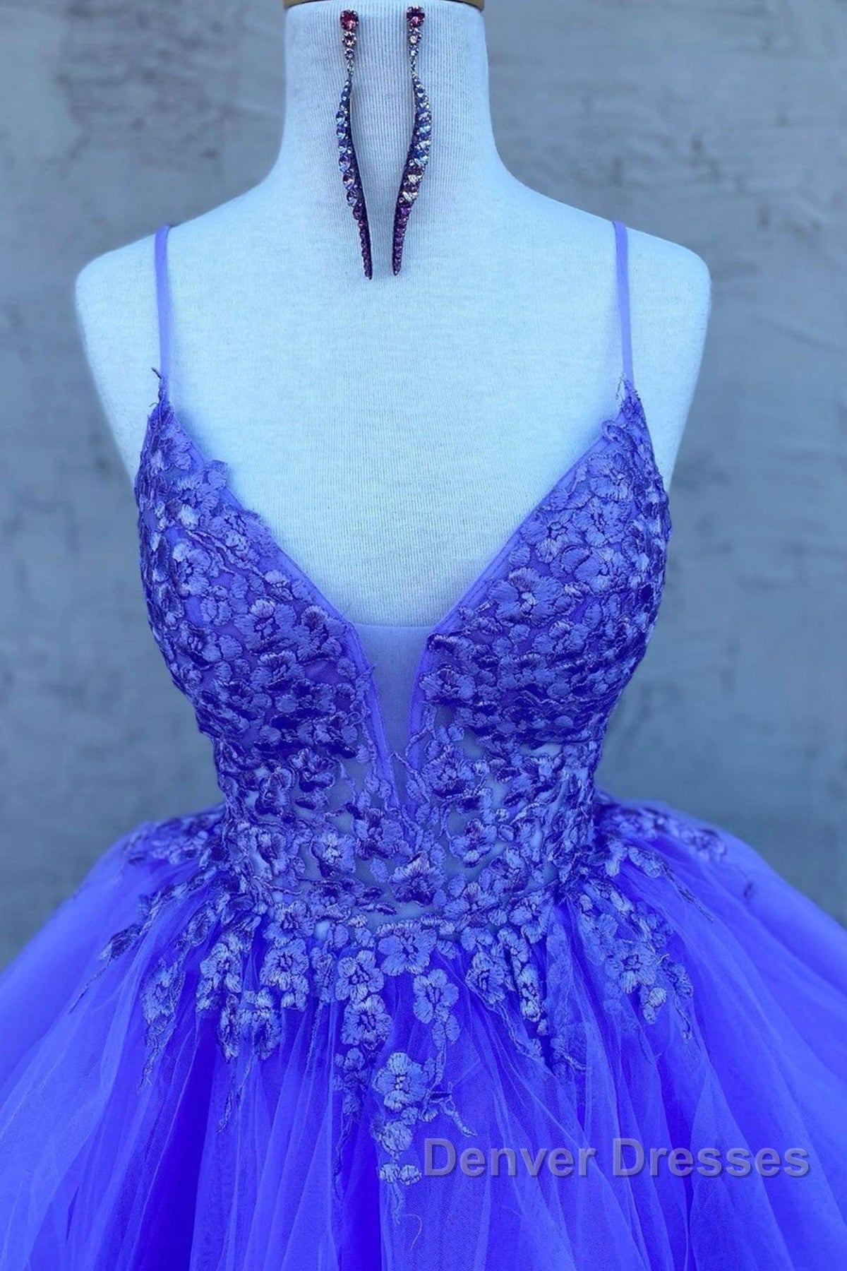 High Low V Neck Purple Lace Long Prom Dress, Lilac Lace Formal Dress, Purple Evening Dress