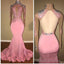 High Neck Backless Pink Lace Prom Dresses Beaded