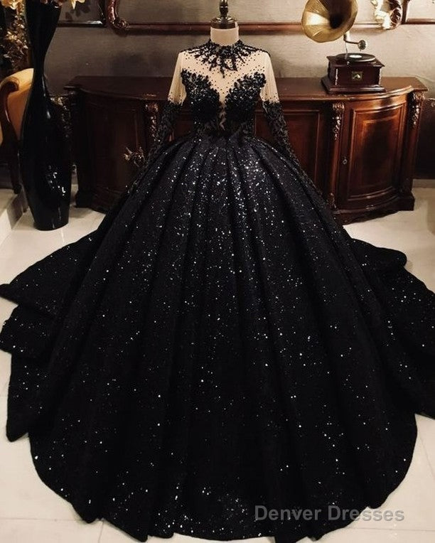 High Neck Ball Gown Black Sequin Wedding Dresses Long Sleeves Sweet 16 Dress Main image