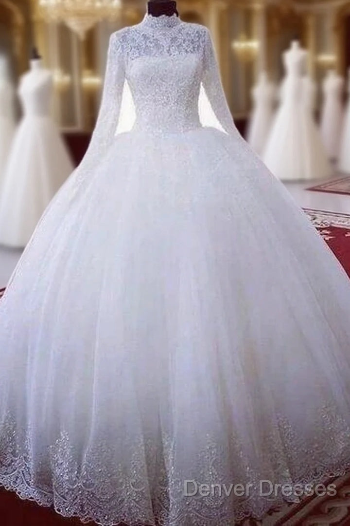 High Neck Ball Gown Muslim Wedding Dress Lace Applique Long Sleeves Bridal Wear