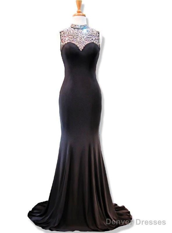 High Neck Beaded Crystals Floor Length Black Mermaid Prom Dress Main image