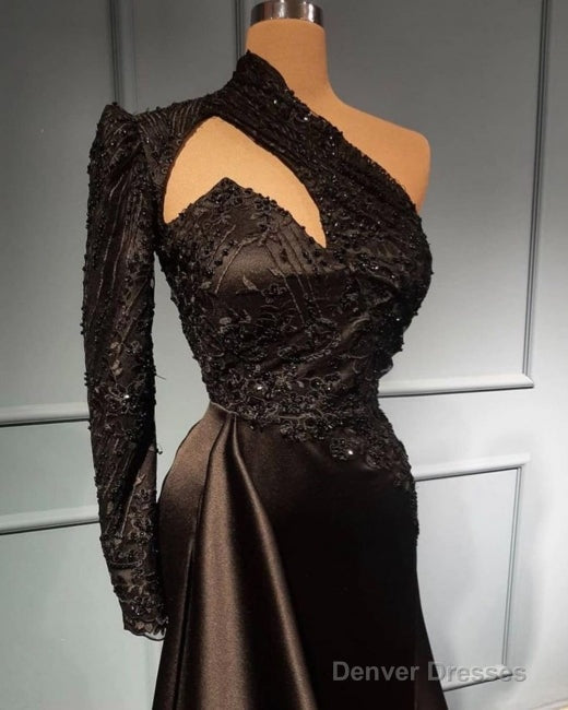 High Neck Black One Shoulder Satin Sweep Train Appliques Prom Formal Dress Secondary image