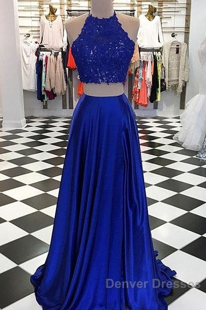 High Neck Blue Two Pieces Long Prom Dress Secondary image