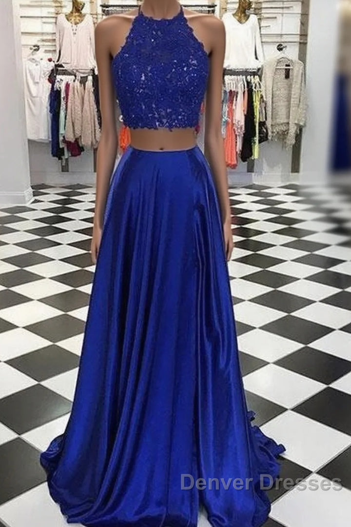 High Neck Blue Two Pieces Long Prom Dress Main image