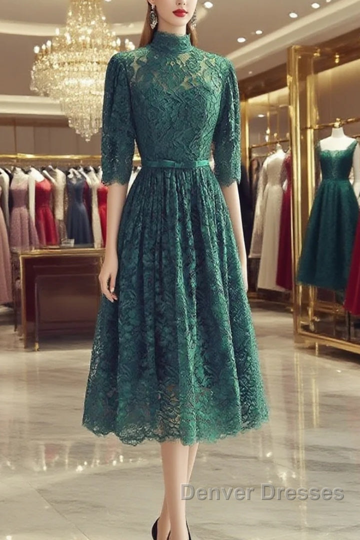 High Neck Half Sleeves Green Lace Prom Dress, Green Lace Formal Graduation Homecoming Dress Main image