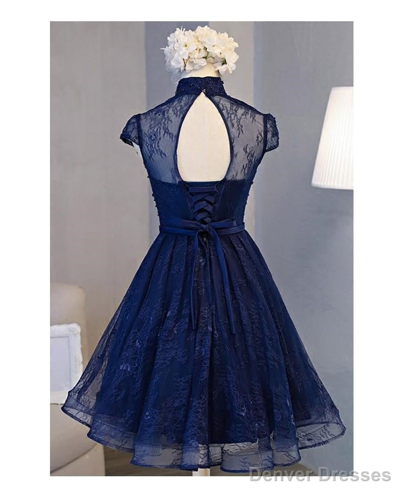 High Neck Homecoming Dress, Lace Dark Navy Lace-up Short Prom Dress Secondary image