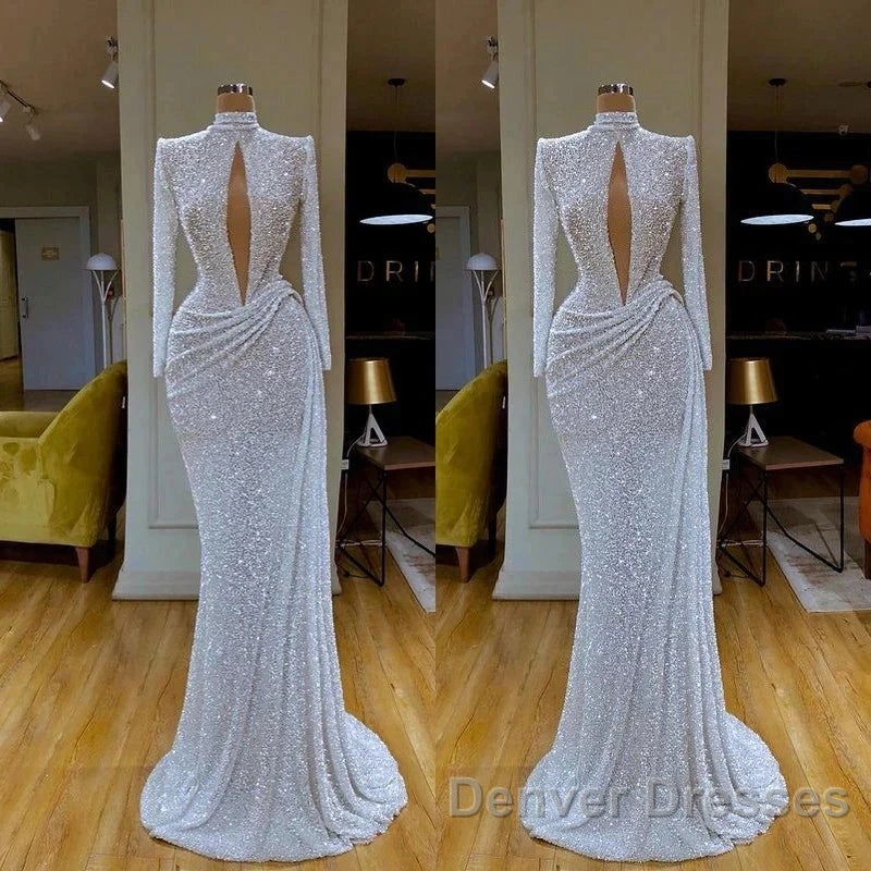 High Neck Keyhole Long Sleeve Sequin White Prom Dress Secondary image