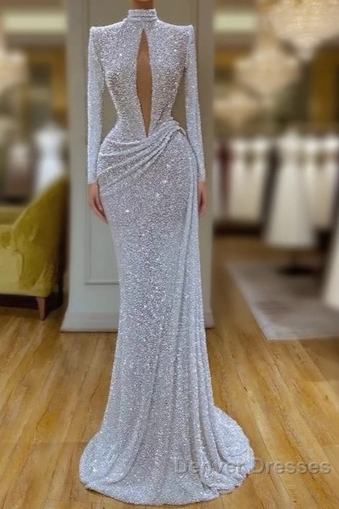 High Neck Keyhole Long Sleeve Sequin White Prom Dress Main image