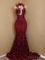 High Neck Lace Mermaid Flowers Burgundy Party Prom Dress