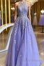 High Neck Long Purple Lace Prom Dress, Purple Lace Formal Evening Dress