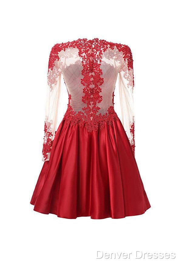 High Neck Long Sleeves With Applique Red Homecoming Dress