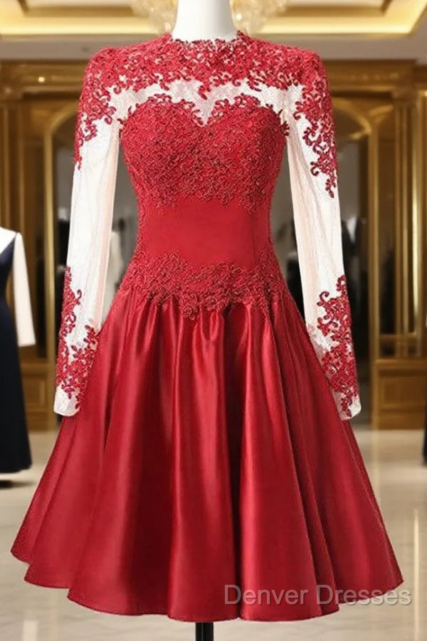 High Neck Long Sleeves With Applique Red Homecoming Dress Main image
