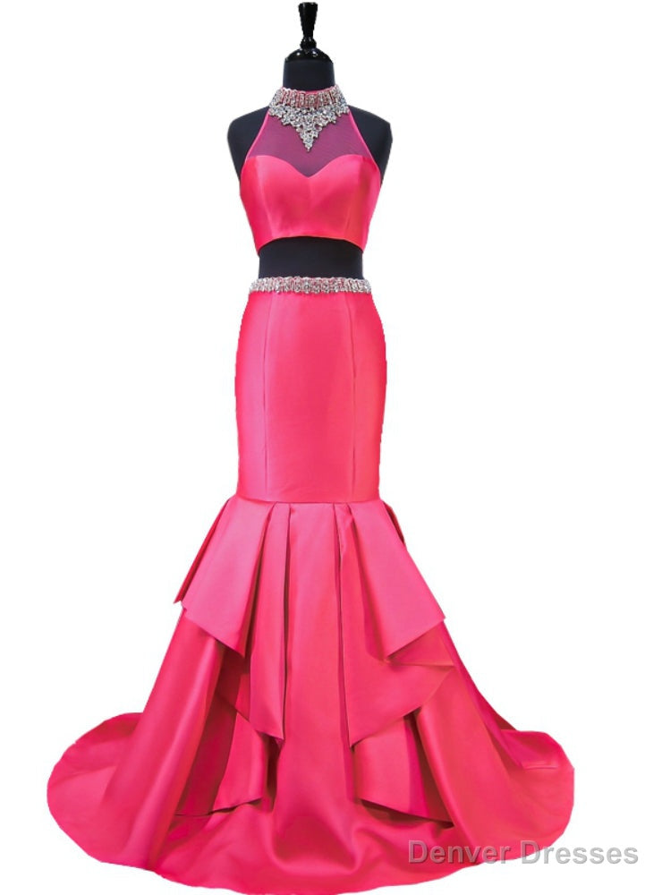 High Neck Mermaid African Hot Pink Two Piece Satin Prom Dress Main image