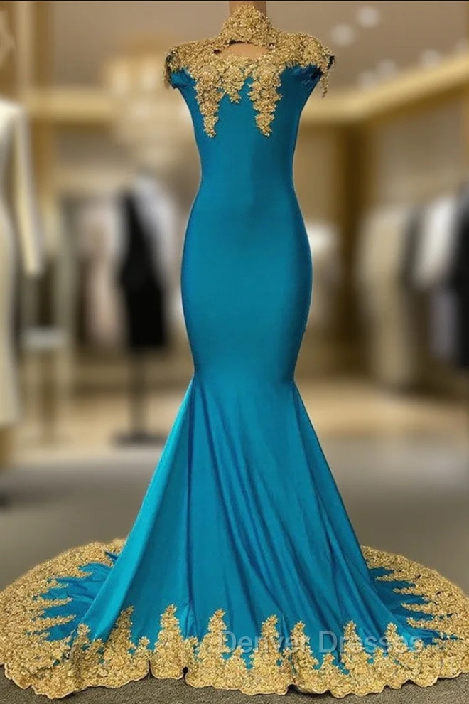 High Neck Mermaid Gold Lace Prom Dress with Chic Keyhole