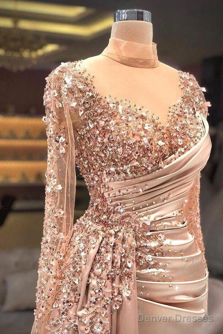 High Neck Mermaid Long Sleeves Lace Sequined Floor-length Long Sleeve With Side Train Prom Dress Secondary image