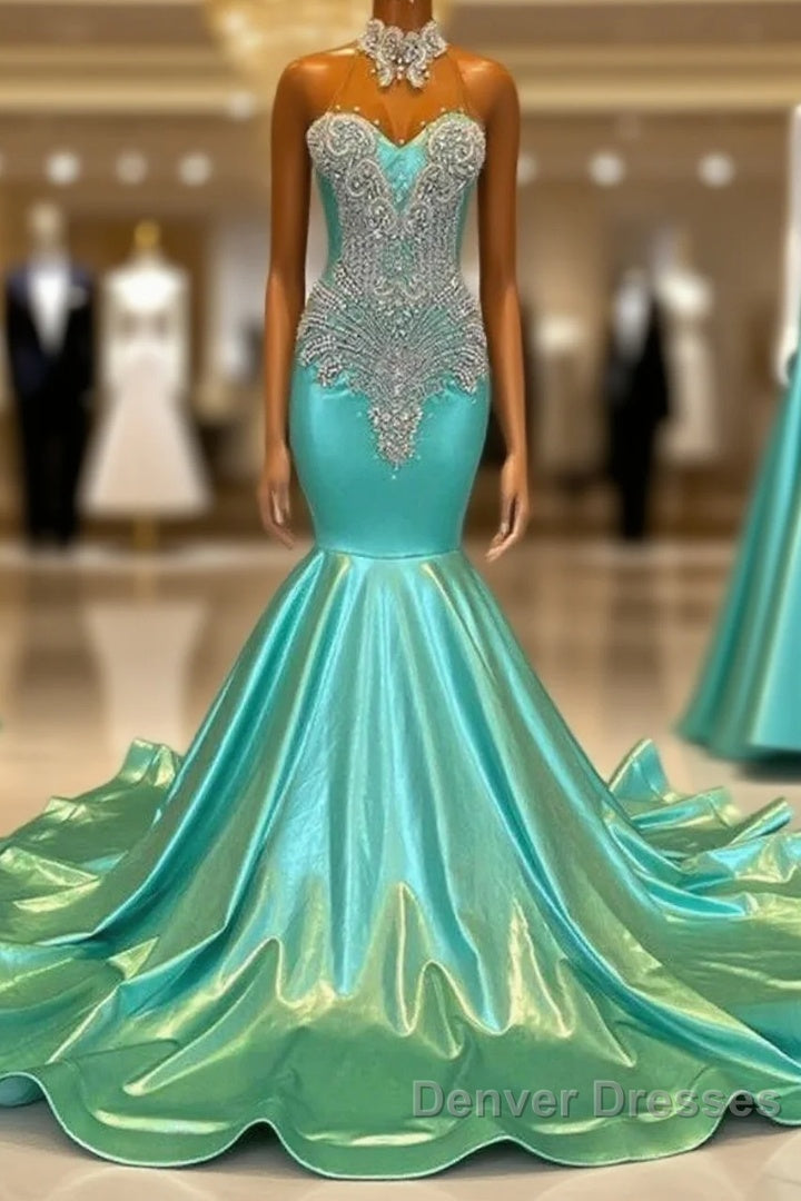 High Neck Mermaid Mint Green Satin Prom Dress