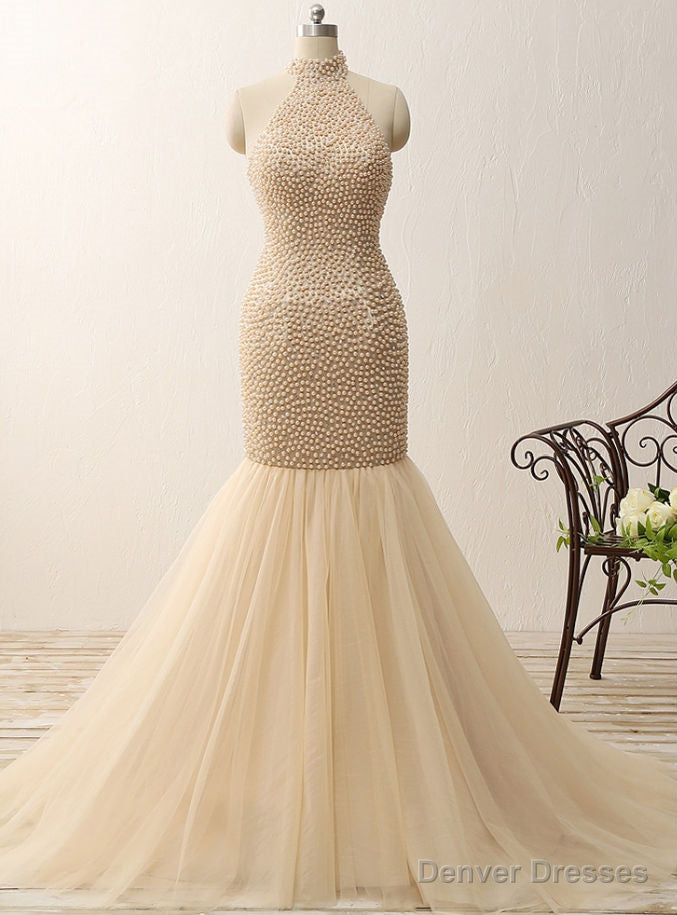 High Neck Mermaid Prom Gowns Pageant Pearls Prom Dresses Open Back