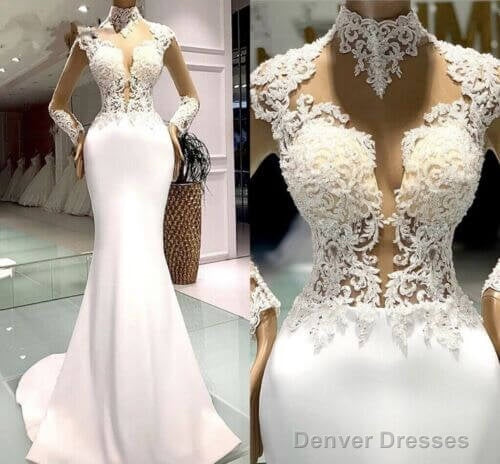 High Neck Mermaid Satin Long Sleeves Lace Wedding Dresses Secondary image